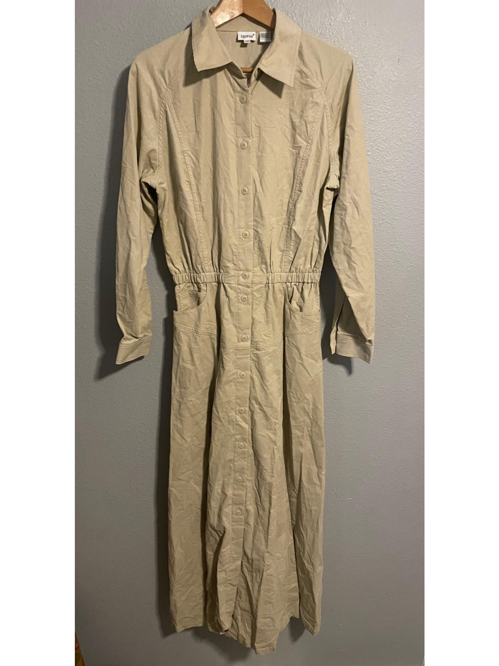 Vintage Together Shirt Dress Womens 10 Beige Corduroy Maxi Button Front Prairie
